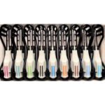 Set of 9 Dental Luxating Elevators / Extraction Instruments – Color-Coded Ergonomic Plastic Handles with Protective Cages & Sterilization Trays